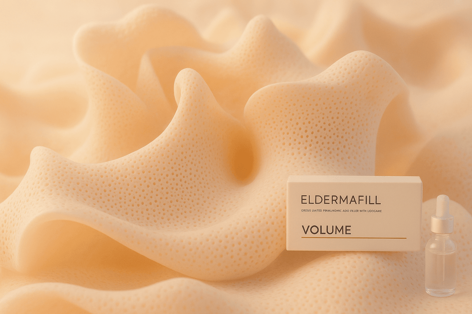 Упаковка ELDERMAFILL Volume и флакон на бежевой текстуре